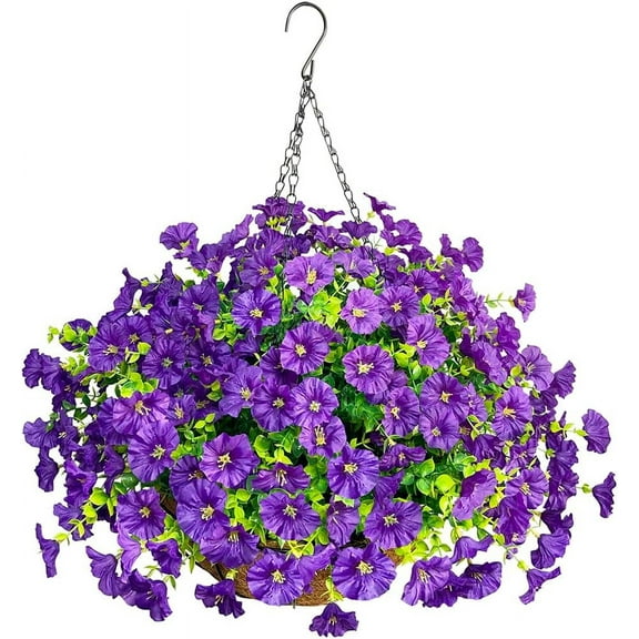 Artificial Flowers with Hanging Basket,Faux Petunias Hanging Flower,Fake Hanging Plants 12 inch Coconut Lining Basket for Outdoor Courtyard Patio Garden Decor (Purple)
