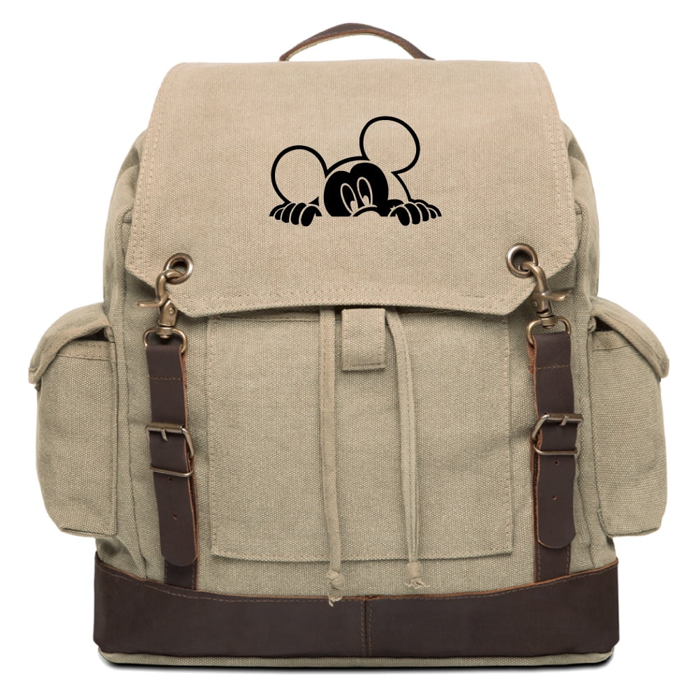 mickey mouse peeking vintage canvas rucksack backpack with leather straps