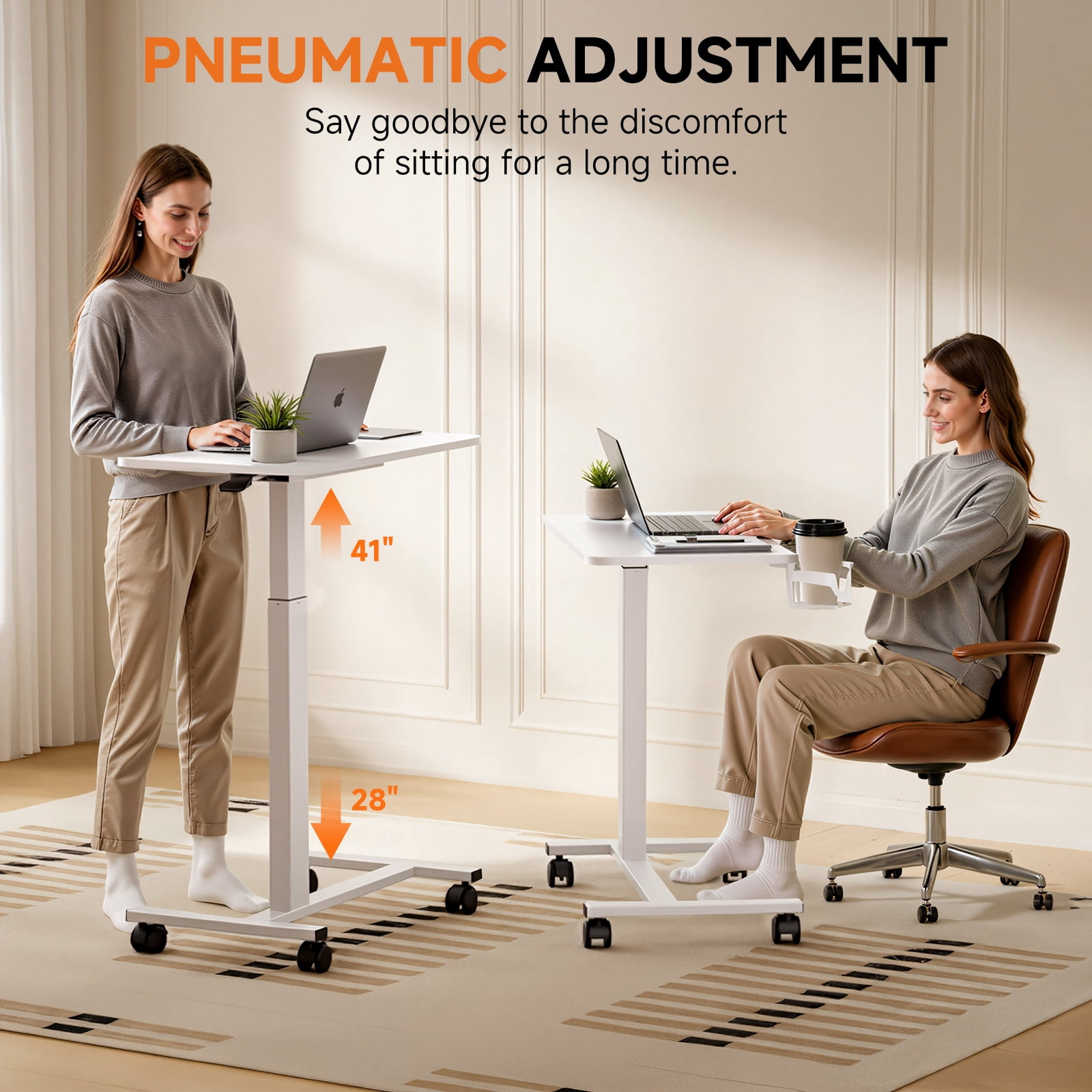 COMHOMA Adjustable Overbed Bedside Table with Lockable Wheels, Pneumatic Mobile Standing Laptop Desk, Small Standing Desk Portable Rolling Overbed Table Hospital Home Use, White