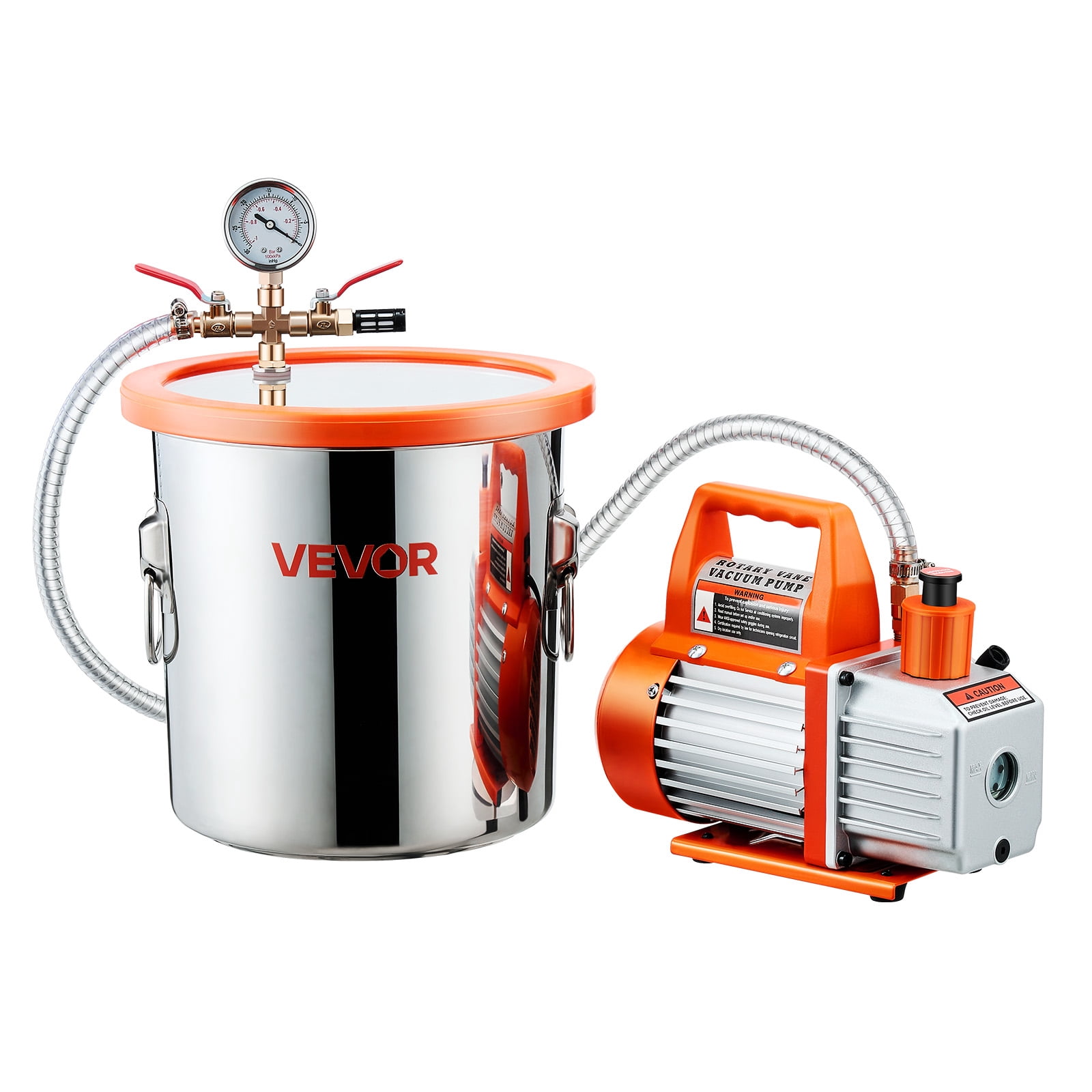VEVOR 3 Gal Vacuum Chamber with Pump, 3.5 CFM, Stainless Steel Degassing Chamber Kit, Single Stage Vacuum Pump, Tempered Glass Lid, 4.92 ft Hose, Oil, for Stabilizing Wood Degassing Silicone Resin