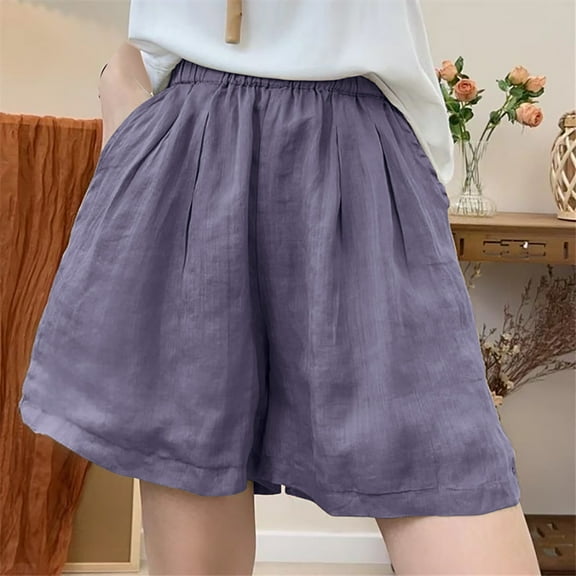 Aueoeo Cotton Linen Shorts For Women Comfy Casual Elastic Waist Flowy Shorts Summer Beach Lightweight Short Pants with Pockets