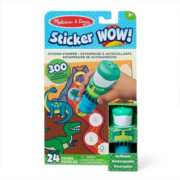 Melissa & Doug Sticker WOW! bloc d'activités de 24 pages et estampeuse à autocollants, 300 autocollants, loisirs créatifs, jouet à manipuler, figurine à collectionner, dinosaure