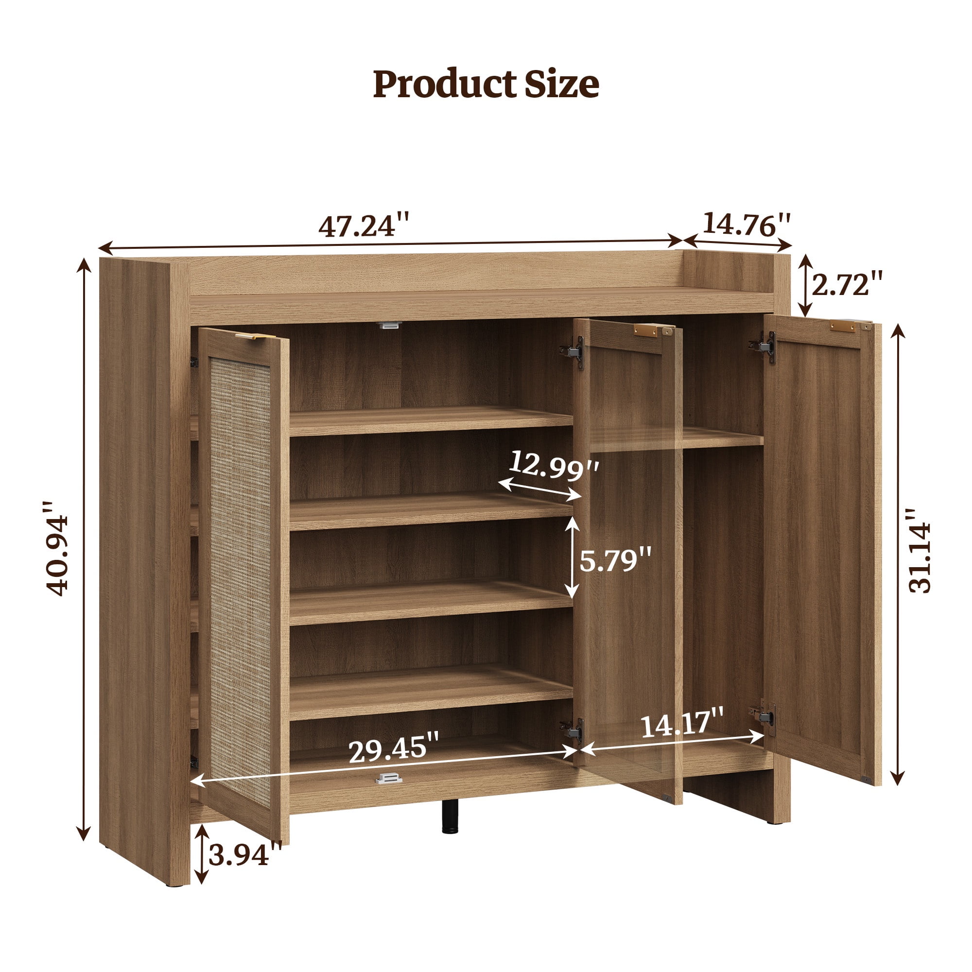 SICOTAS 7 Tier Shoe Storage Cabinet for Entryway, 30 Pairs Rattan Shoe Rack Cabinet with Doors & Adjustable Shelves, Freestanding Boho Shoe Organizer Cabinet for Hallway, Oak