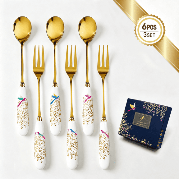 Blusmart Gold Stainless Steel Silverware Set for 3, Luxury Durable Tea Forks and Spoons with Floral Ceramic Pattern Handles, Fancy Design for Gift