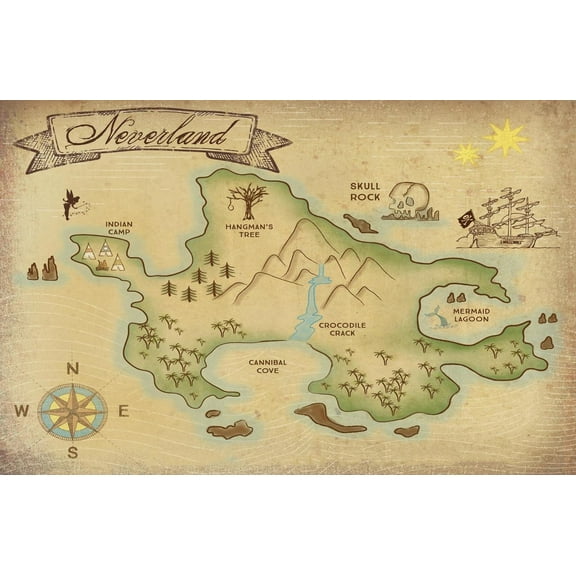 Inspired, Peter Pan, Neverland Map Poster for Home Decor Wall Art 12x18Inch,30x46cm Frameless Gift