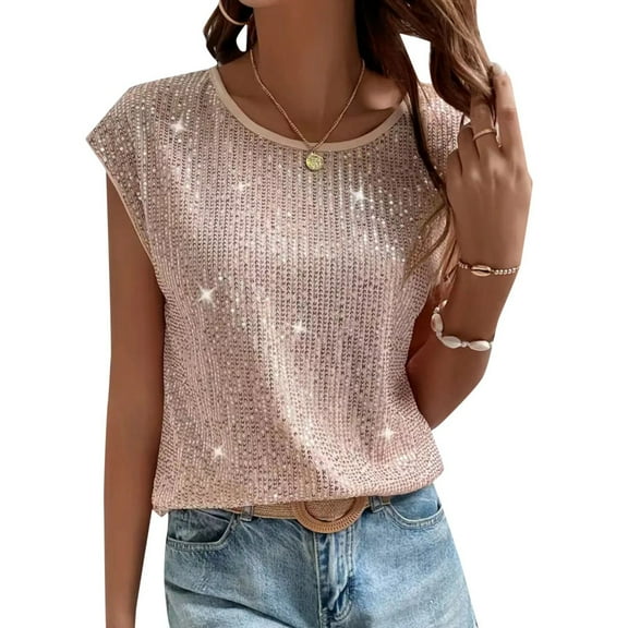 EliteGoogv Sequins Tops for Women Round Neck Dressy Tank T-shirt Sparkly Party Club Night Disco Concert Outfits Short Sleeve Fashion TShirt