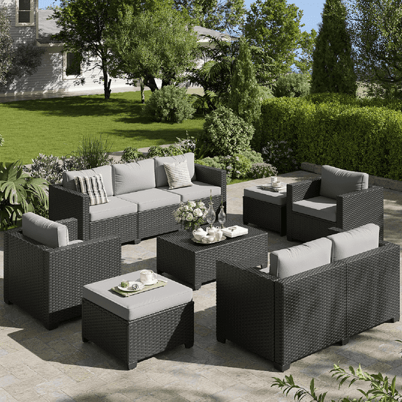 Clouddwell 7 Seat Outdoor Patio Furniture Set, Wicker Rattan Patio Sectional Sofa Sets with  Storage Coffee Table and 2 Ottoman(Grey)