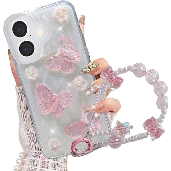 for iPhone 16 Plus Clear Bling Glitter Case, Cute Bow Butterfly Pearl Aesthetic Girly Transparent Phone Case with Phone Charms Chain Bracelet,Soft Protective Cover for iPhone 16 Plus (Pink)