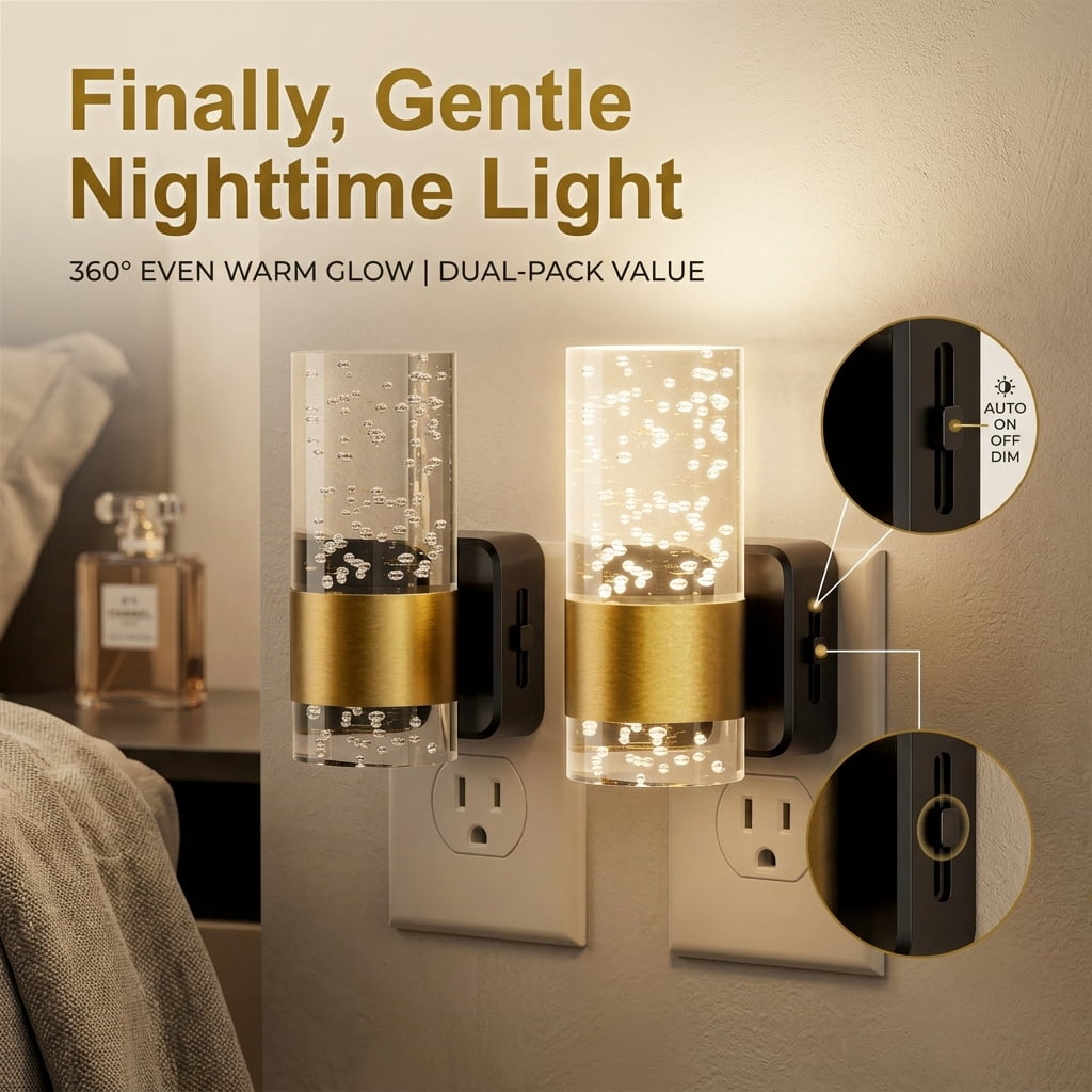 Beslands 2 Pack Dimmable LED Night Light Plug into Wall with Auto Light Sensor, Adjustable Brightness for Bathroom, Bedroom, Hallway, Stairway - Modern Acrylic Bubble Style (Gold) for Summer
