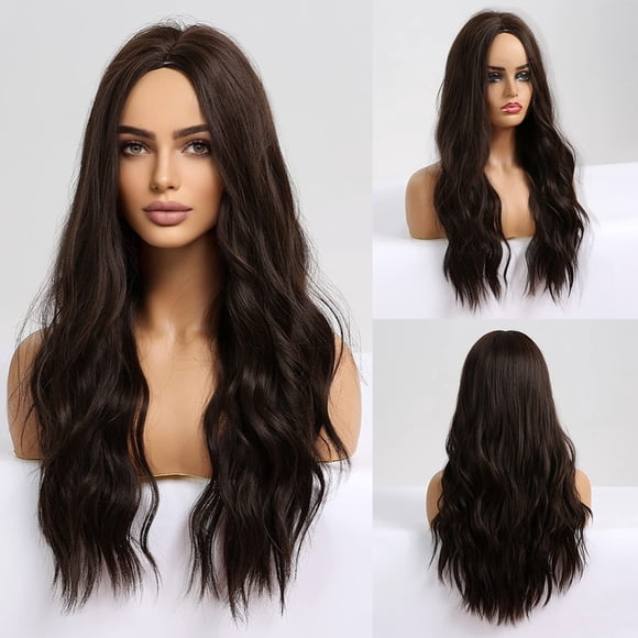 Woeilo Brown Wigs Long Wavy Wig for Women Dark Brown Curly Heat Resistant Synthetic Hair Wigs for Daily Use with Wig Cap Brown