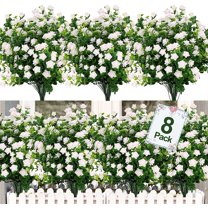 Sinhoon Artificial Flowers Outdoor, 8 Bundles Faux Flowers Plants Outdoor UV Resistant Greenery Shrubs Plants Artificial Fake Flowers Indoor Outside Hanging Planter Home Garden Decor (White)
