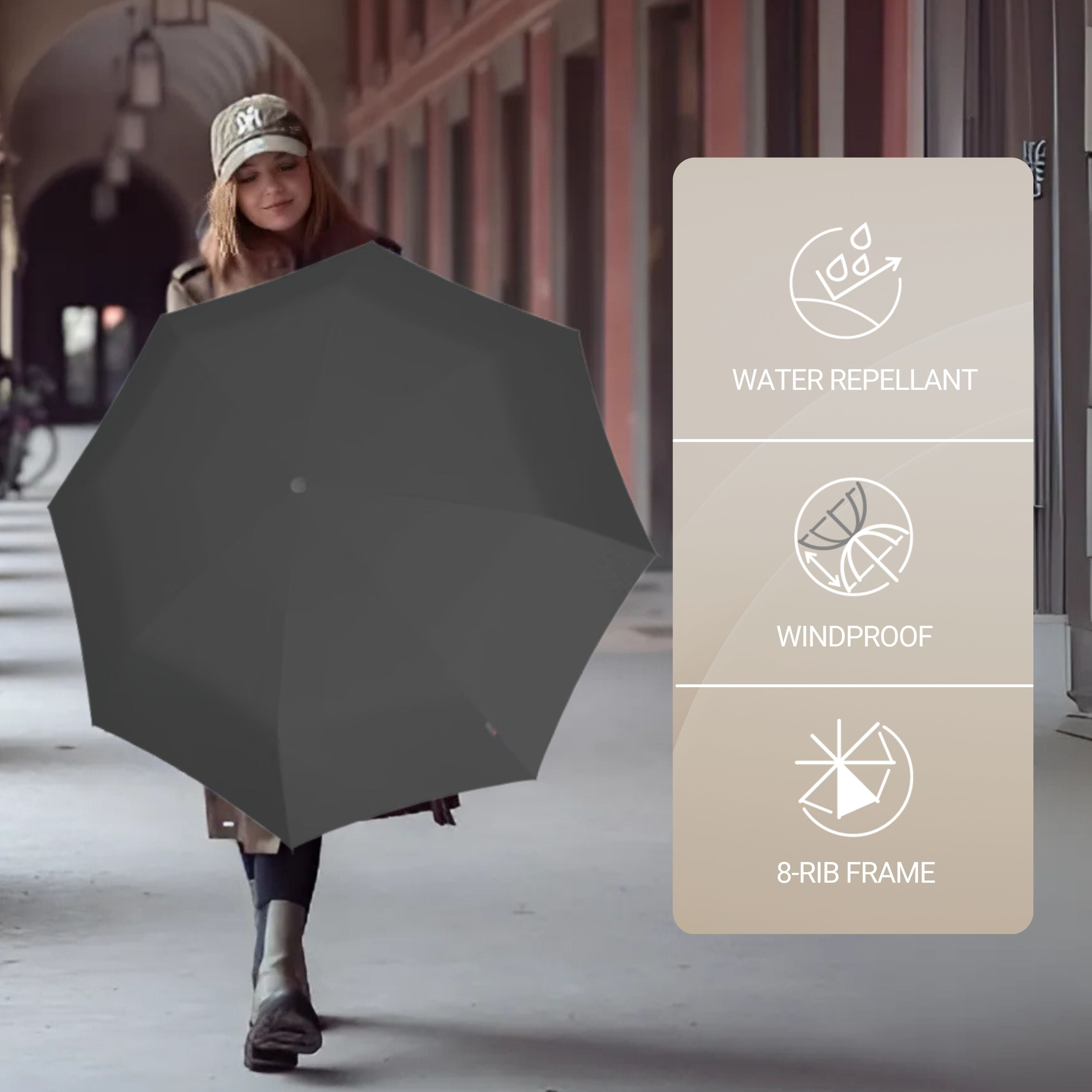 Knirps A.200 Medium Duomatic Windproof Rain Umbrella for Adults in Grey – Automatic Open Close Design, 38.5" Wind Resistant Canopy, Durable Steel Frame, Travel Case Included
