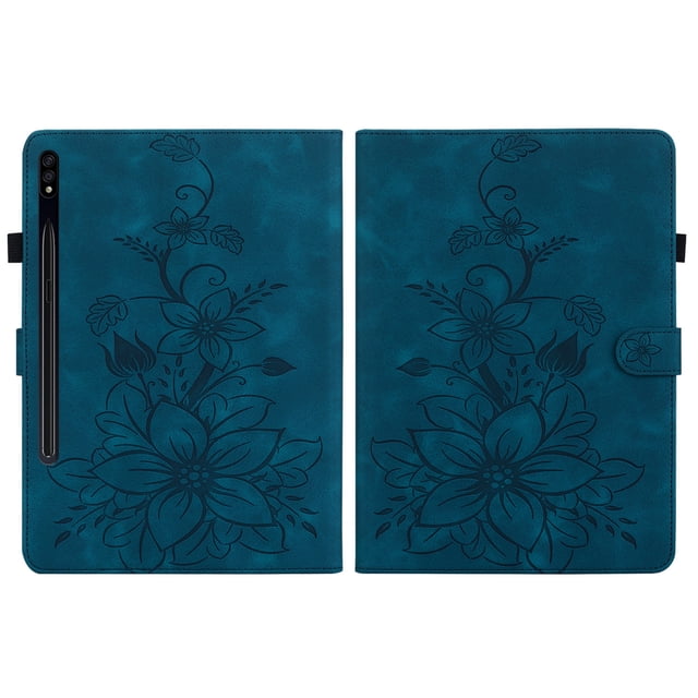 XYX Tablet Case for Samsung Galaxy Tab S7+ Plus/S8+ Plus/S7 FE, Lily Flower Pattern PU Leather Multiple Viewing Angles Stand Slim Folio Tablet Cover (Blue)