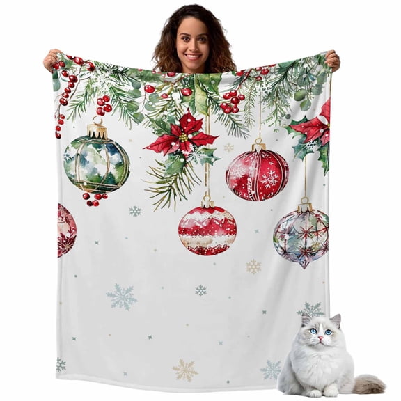 Christmas Red Flannel Blanket for Bed,Travel and Camping, Green Balls Poinsettia Flowers Berry Snowflake Super Soft Cozy Blanket for All Seasons 40"x50"