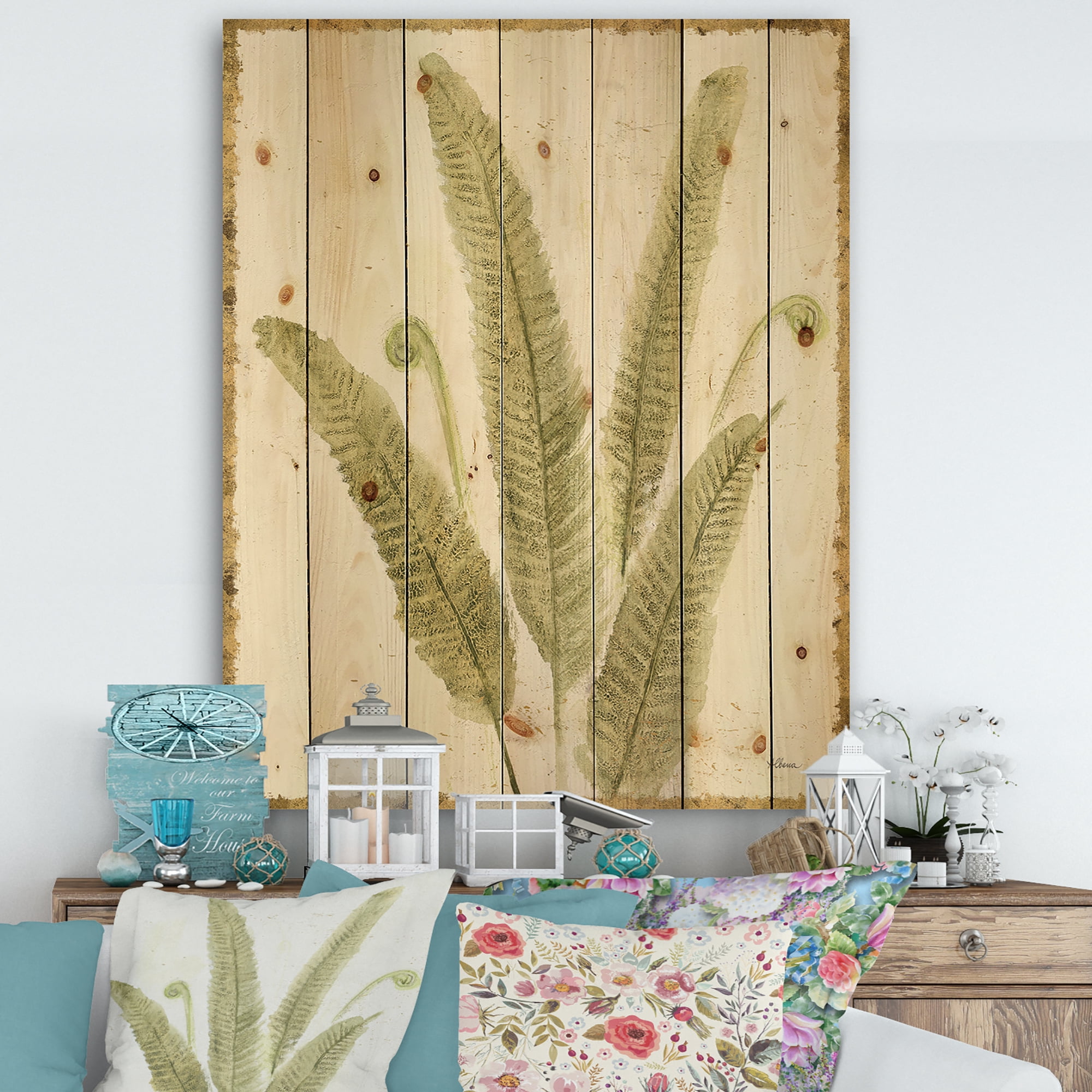 Designart 'Simple Forest Leaves II' Floral & Botanical Print on Natural Pine Wood