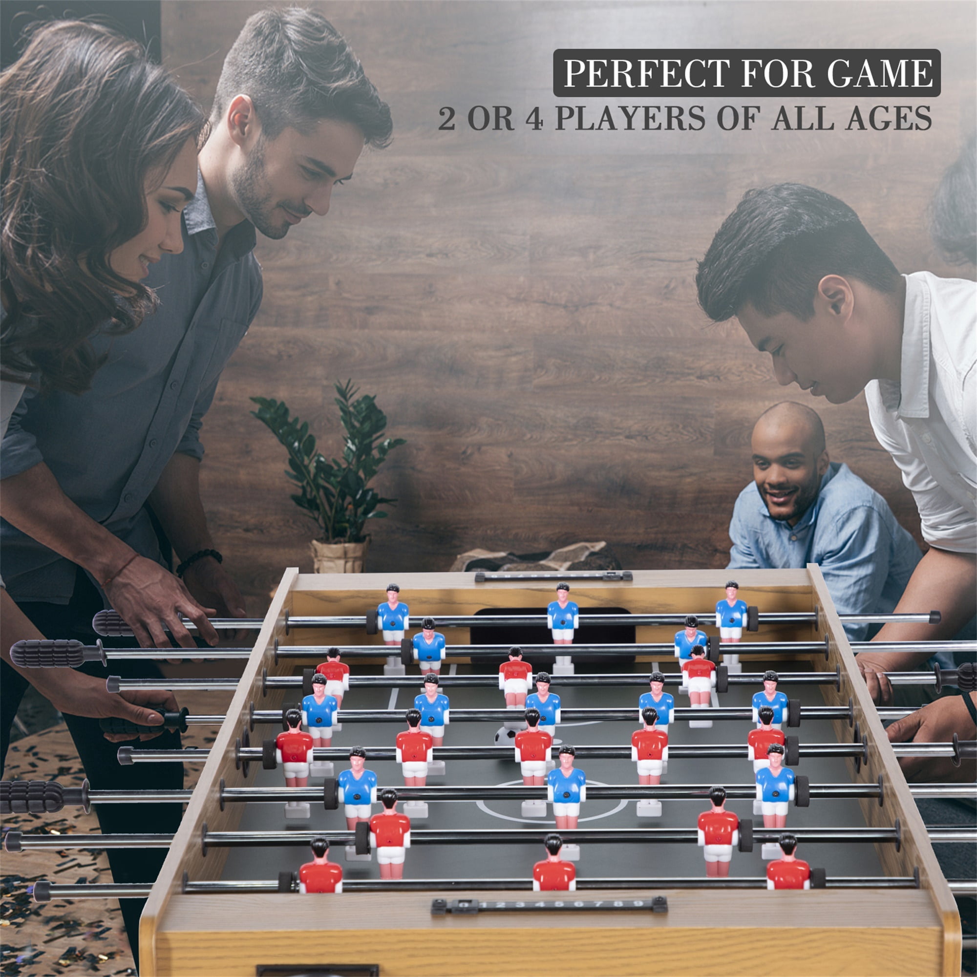 RayChee 48in Foosball Table, Competition Sized Soccer Table w/ 2 Balls, 2 Cup Holders for Game Room (Wood Grain)
