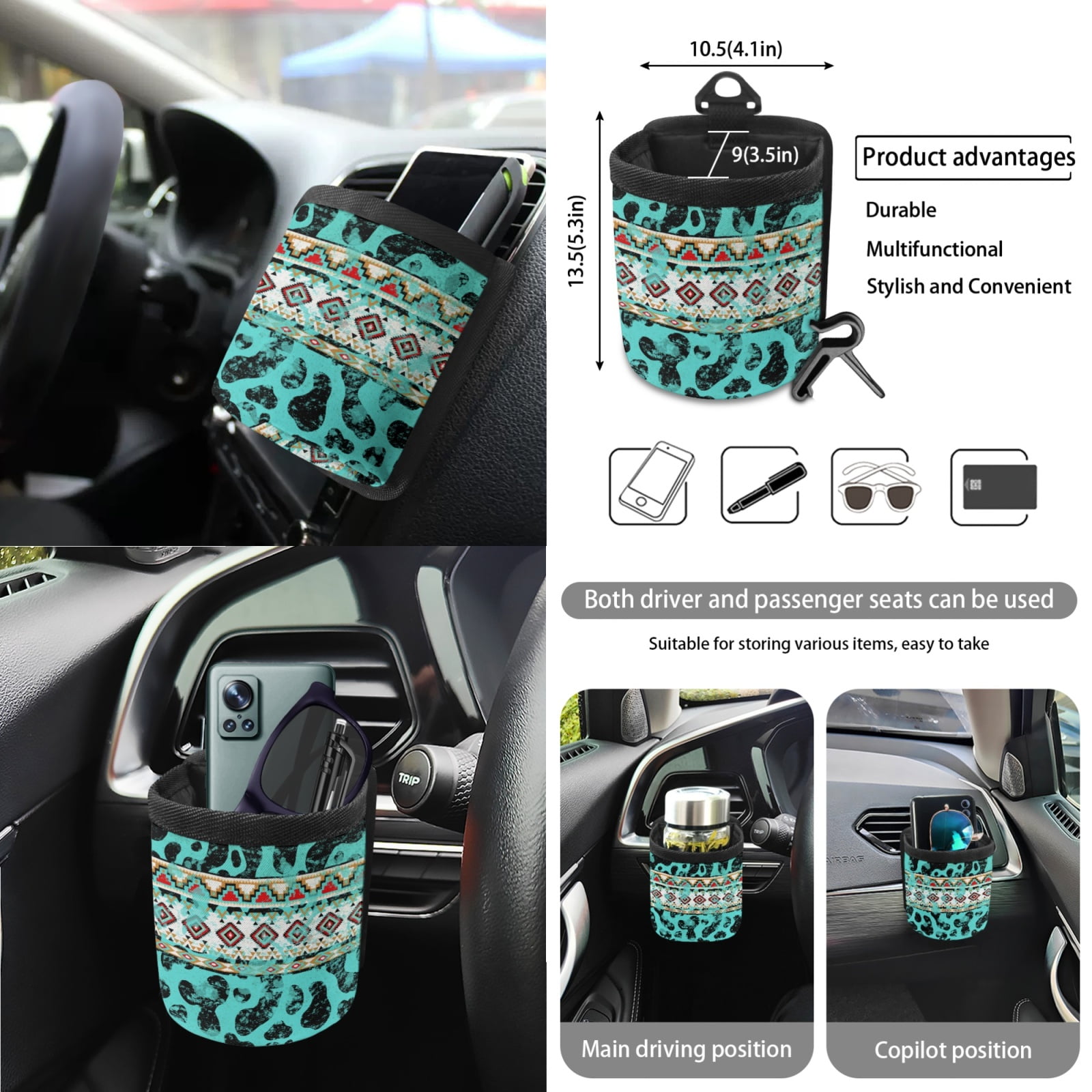 Garronmavis Aztec Cow Print 15 PCS Car Seat Cover Full Set 4 Pieces Car Seat Covers Steering Wheel Cover Keychain Car Trash Can Car Dash Accessories Auto Rear View Mirror Covers Cup Mats