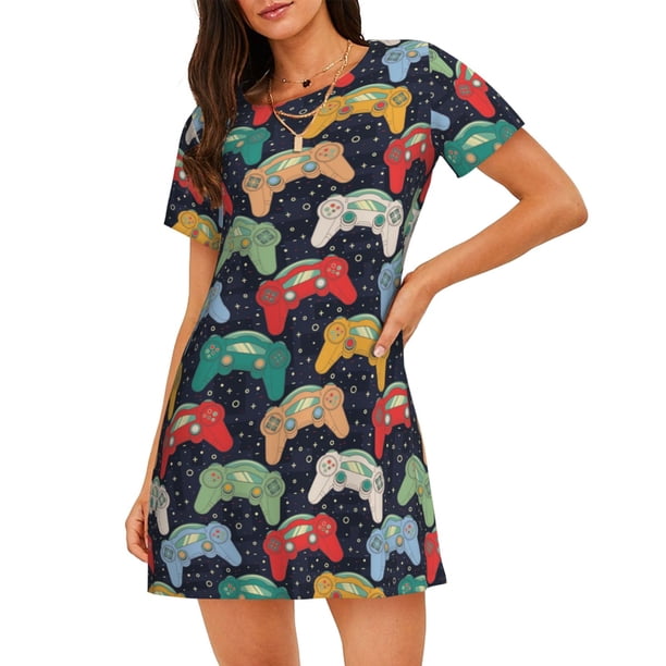 Balery Retro Video Game Camisón de manga corta con cuello redondo para mujer, cómodo y elegante.
