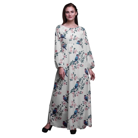 Bimba Polyester Georgette Blossom & Robin Bird Print Women’s Long Elastic Waist Casual Summer Maxi Dress-X-Large