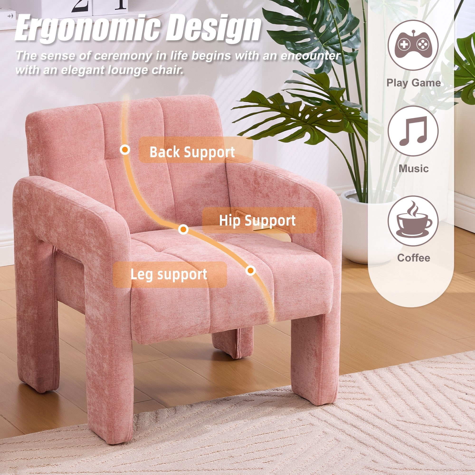 Sailvan Modern Minimalist Single Armchair,Soft Chenille Accent Chair for Living Room,Bedroom & Office,Comfy Nordic Reading Chair Pink