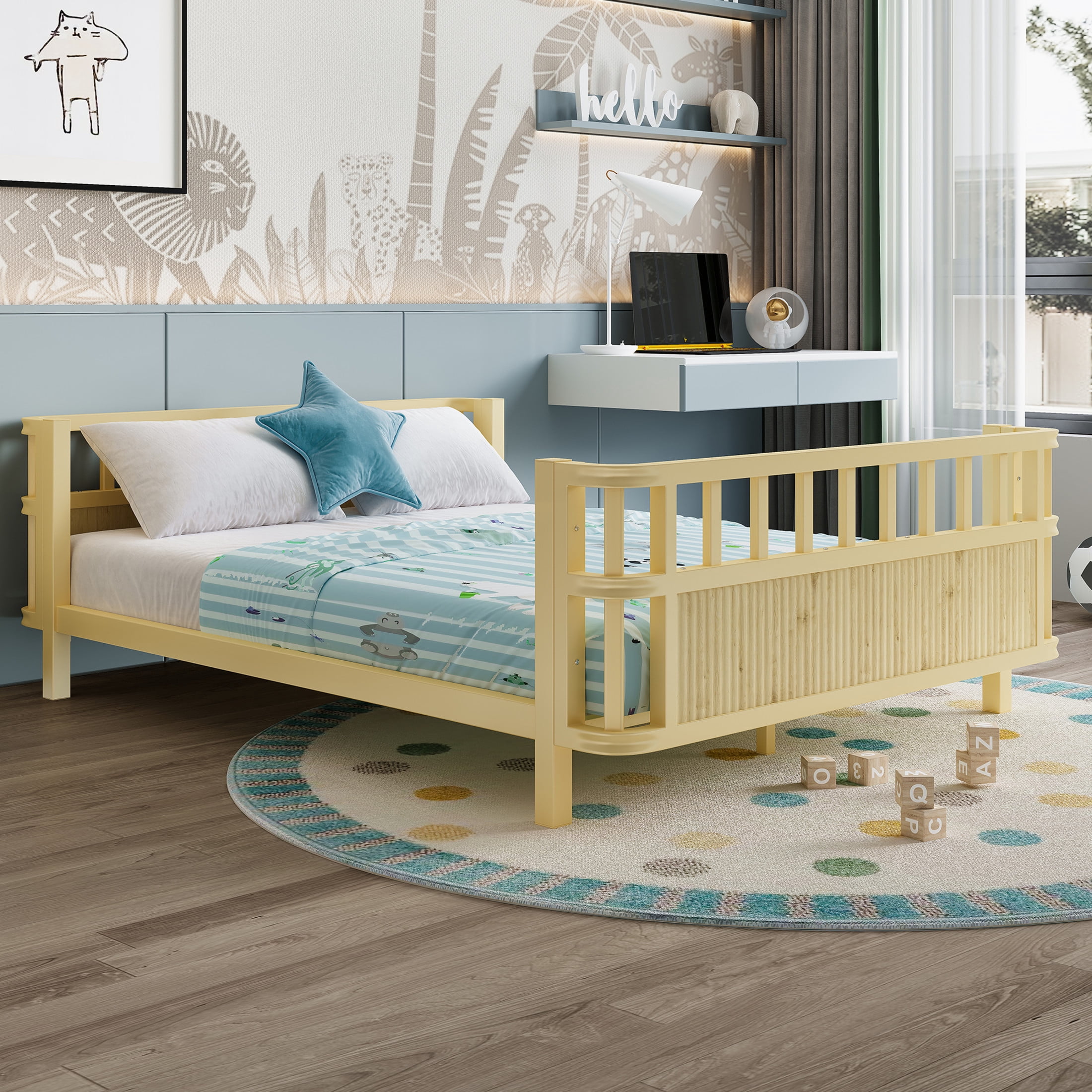 Noble House Full Size Kids Platform Bed Frame with Three-Sided Safety Guardrails, Removable Rail, Natural