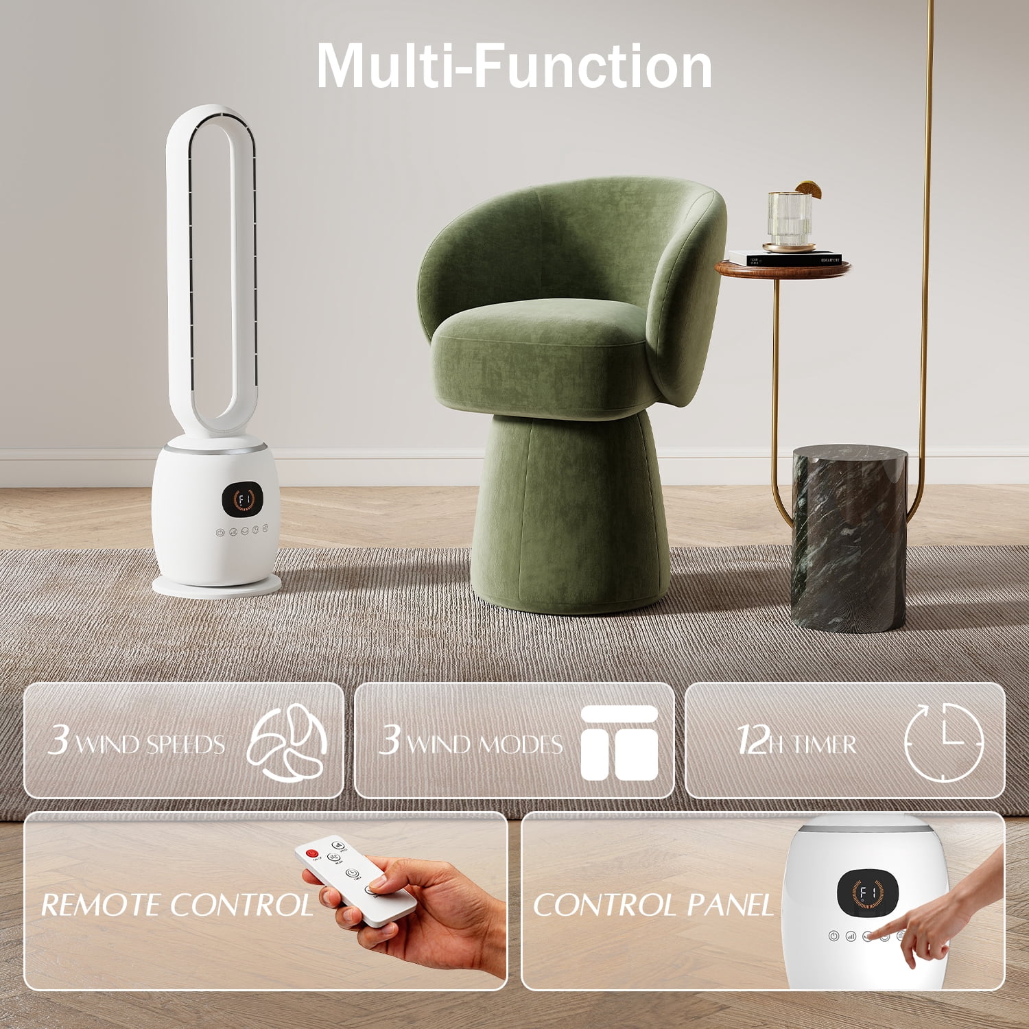 34in Bladeless Tower Fan with 60°Oscillating, 3 Speeds & 3 Modes Standing Floor Fan Equipped Remote Control, 12H Timer for Indoor Room Use