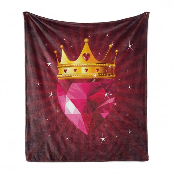 Diamond Soft Flannel Fleece Blanket, Crystal Love Heart Diamond Wearing Crown Princess Queen on Radial Background, Cozy Plush for Indoor and Outdoor Use, 60" x 80", Pink and Yellow, by Ambesonne