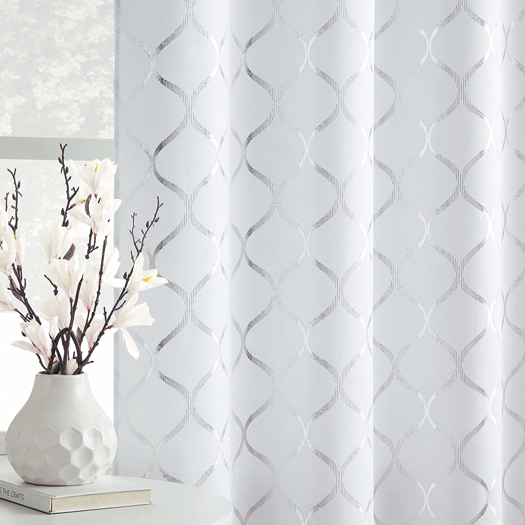 Pinewave White Blackout Curtains Mix and Match Geometric Silver Patterned,Sheer Drapes for Living Room,52w"x63L"x4,Grommet Top