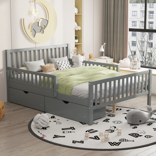 Euroco Wood Full Size Platform Bed with Guardrails and Drawers for Kids Teens Toddlers, Gray