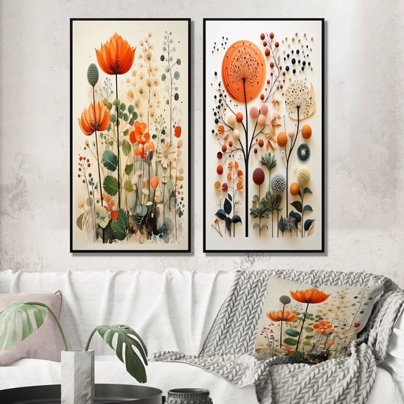 Designart "Colorful botanic Pointillism II" Abstract Botanicals Framed Wall Art Set Of 2 - Multi-Color Floral Gallery Wall Frame Set For Home Decor