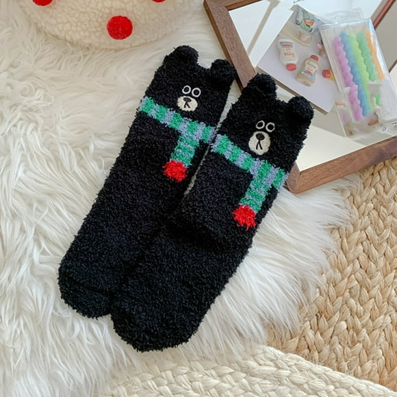 COKOI Women's Coral Fleece Mid-Calf Warm Floor Socks with Bear Design, Perfect for Indoor Leisure and Home Wear. Black