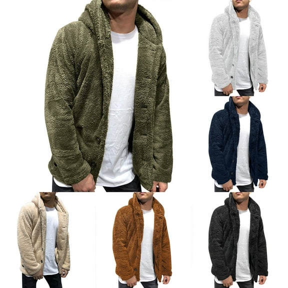 FRSASU Men Winter Long Sleeved Velvet Hooded Sweatshirt Cardigan Jacket Zipper Hoodie Button Outwear Khaki