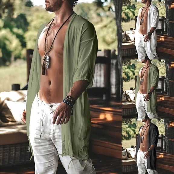Men's Summer Beach Kimono Shirt Short Half Sleeve Chiffon Open Front Shirt Solid Color Lightweight Sun Protection Casual Long Cardigan Size 3XL White