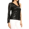 thumbnail image 3 of Women's Sexy One Shoulder Sparkly Sequin Top Bell Long Sleeve T-Shirt Blouse Night Out Party, Black, X-Large, 3 of 6