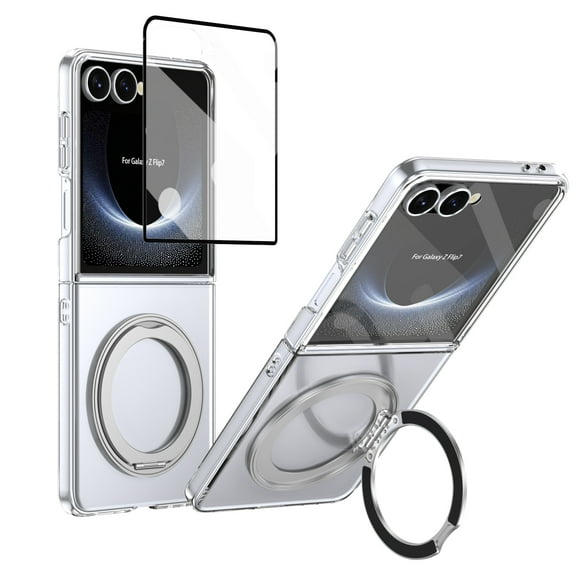Clear Case for Samsung Galaxy Z Flip 6/ Z Flip 7 FE with Screen Protector, Rotating Kickstand Camera Lens Protective Anti-Scratch Wireless Charging Magnetic Cover for Galaxy Z Flip 6/ 7 FE, Silver