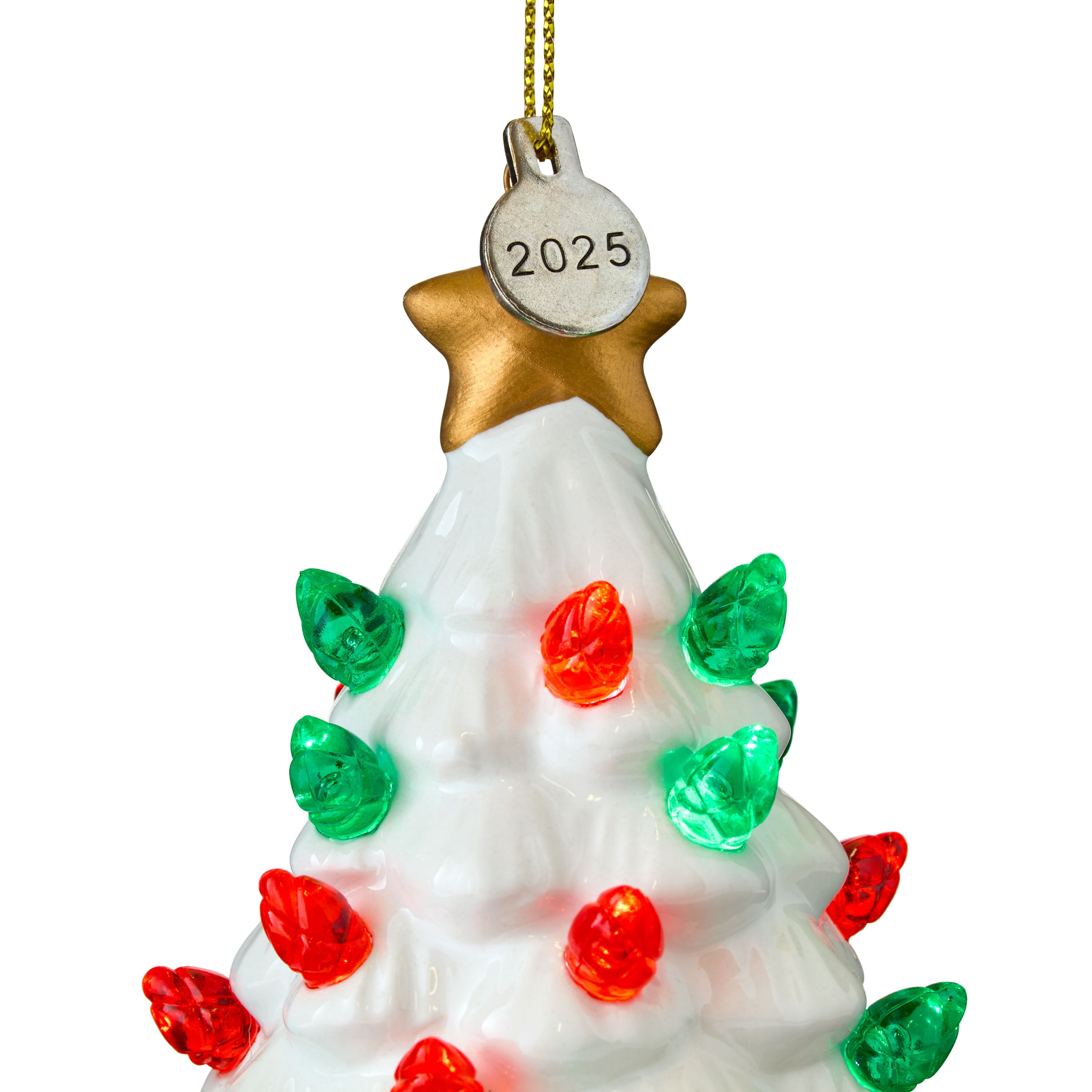 Mr. Christmas 4" Nostalgic Ceramic Lit Tree Ornament Decoration, White with Red & Green Bulbs