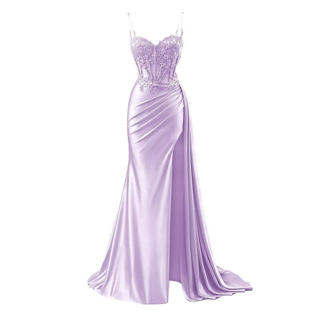 Vestido de fiesta RUMUGUYA, lila, verde, apliques de encaje, satén, sirena