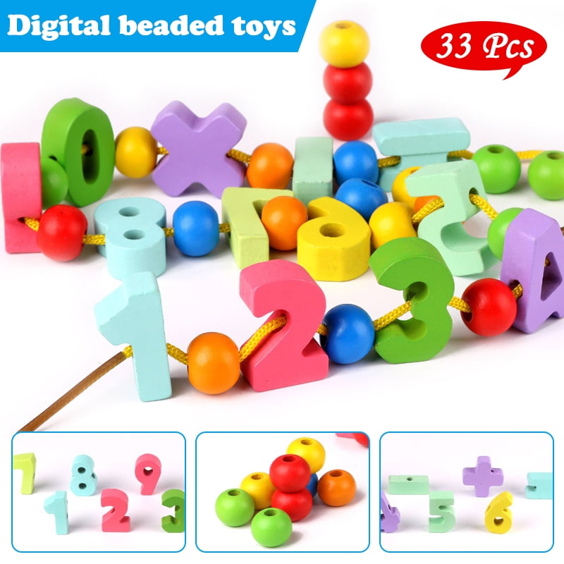 LNKOO Wooden Lacing Bead Set for Kids - 20 Beads & 13 Digital for Toddlers - Montessori Educational Stringing Toy for Preschool Children Counting Sorting for 2+ Year Boys and Girls Kid Gifts