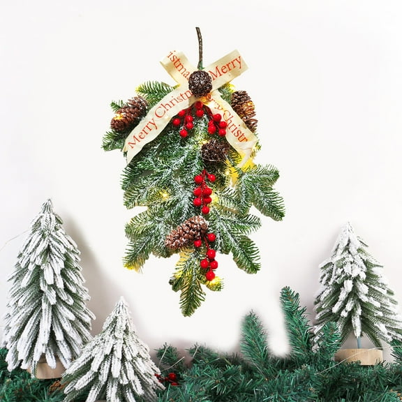 HongHeng Artificial Christmas Pine Branch Red Bery Spray Snow Teardrop Wreaths Picks, 20in Faux Winter Pine Cones Ribbon Bow Greens Xmas Swag for Front Door Farmhouse Home Decor