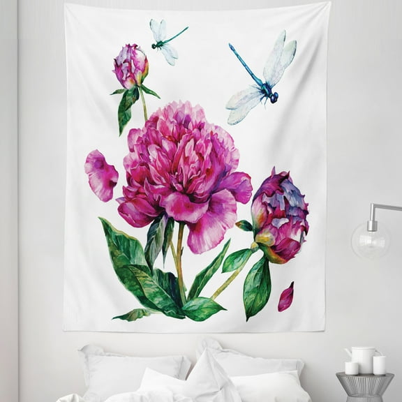 Flower Tapestry, Watercolor Peonies and Dragonflies Blossoming Spring with Romantic Feminine Bouquet, Fabric Wall Hanging Decor for Bedroom Living Room Dorm, 5 Sizes, Multicolor, by Ambesonne