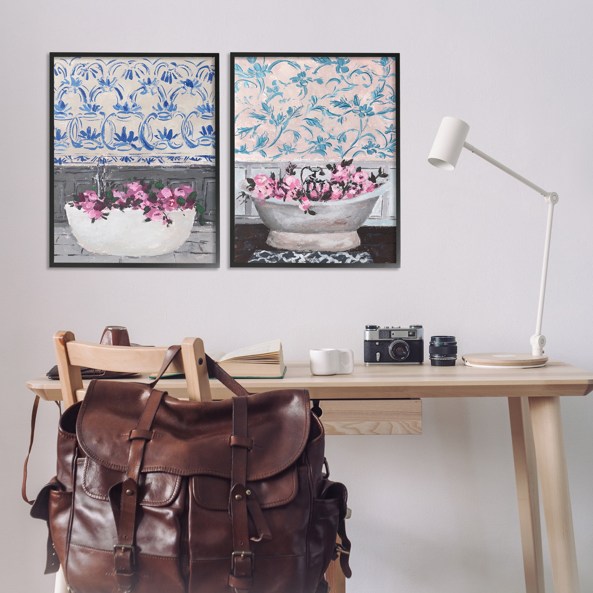 Stupell Industries Flowers In Bath Tub Interior Design Botanical & Floral Painting Black Framed Art Print Wall Art, 24 x 30, Set of 2