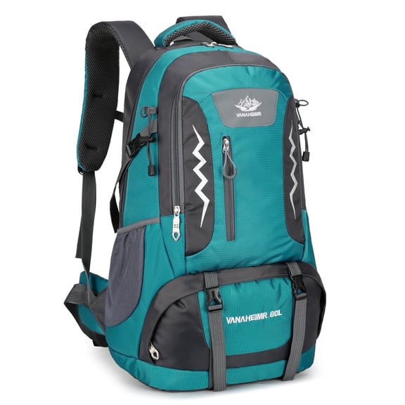 60L Waterproof Hiking Backpack with Reflective Strips & Safety Whistle, Large Capacity Multi-Pocket Nylon Rucksack for Camping Travel (Green)