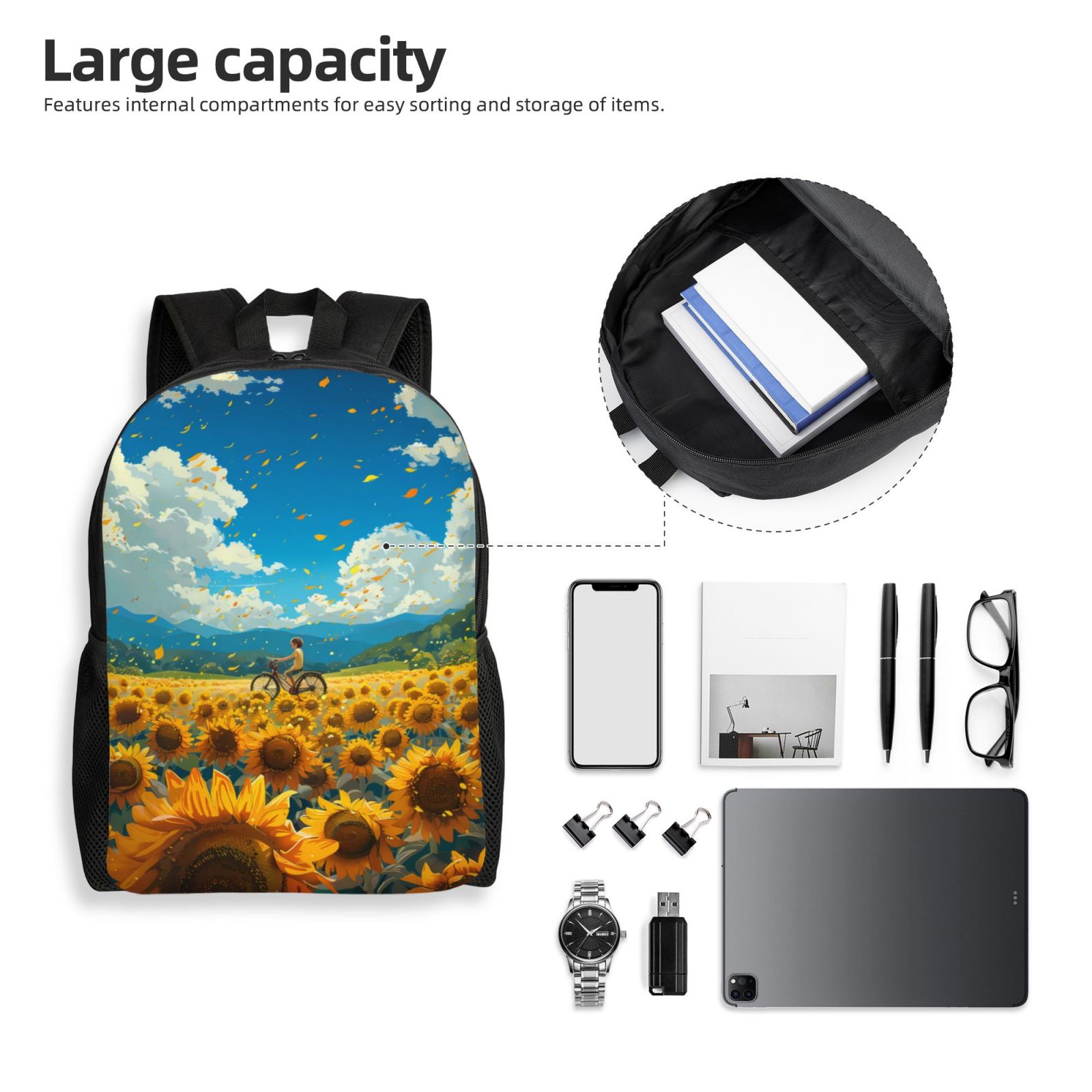 Xecao Field Bicycle Young Sunflower Print School Backpack with Laptop Compartment Small Travel Laptop Backpack for Women Men Waterproof College Backpack Simple School Bag