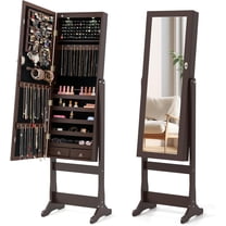 Standing Jewelry Armoire, Lockable Jewelry Cabinet with Full Length Mirror, LED Lights, 4 Tilt Angle Adjustable, Mirror with Jewelry Storage, Standing Jewelry Organizer with Drawers, Black