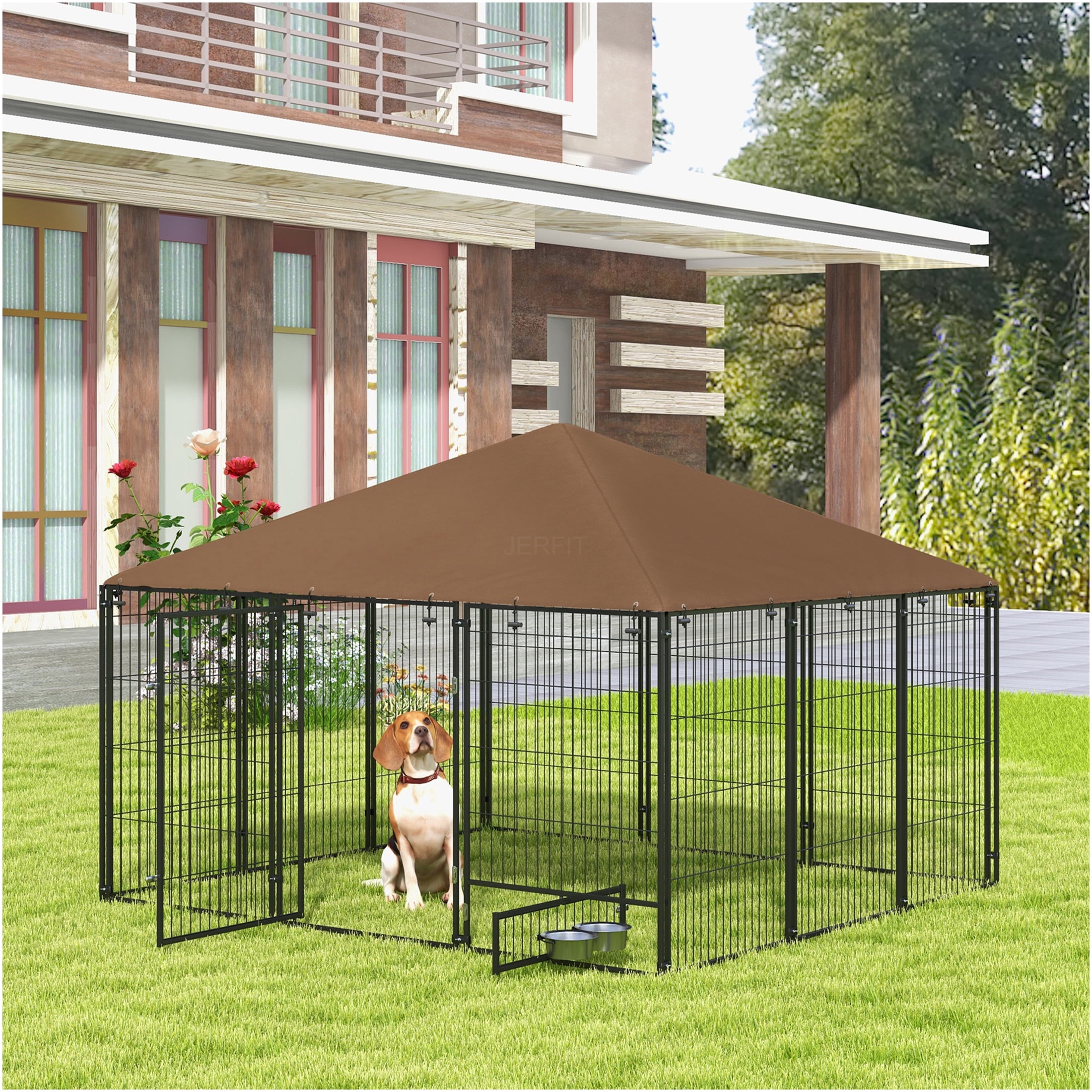 JERFIT 6.9' x 6.9' x 5' Outdoor Dog Kennel with Removable Canopy, Rotating Feeding Door, Weather-Resistant Metal Playpen for Large Dogs, Coffee Brown