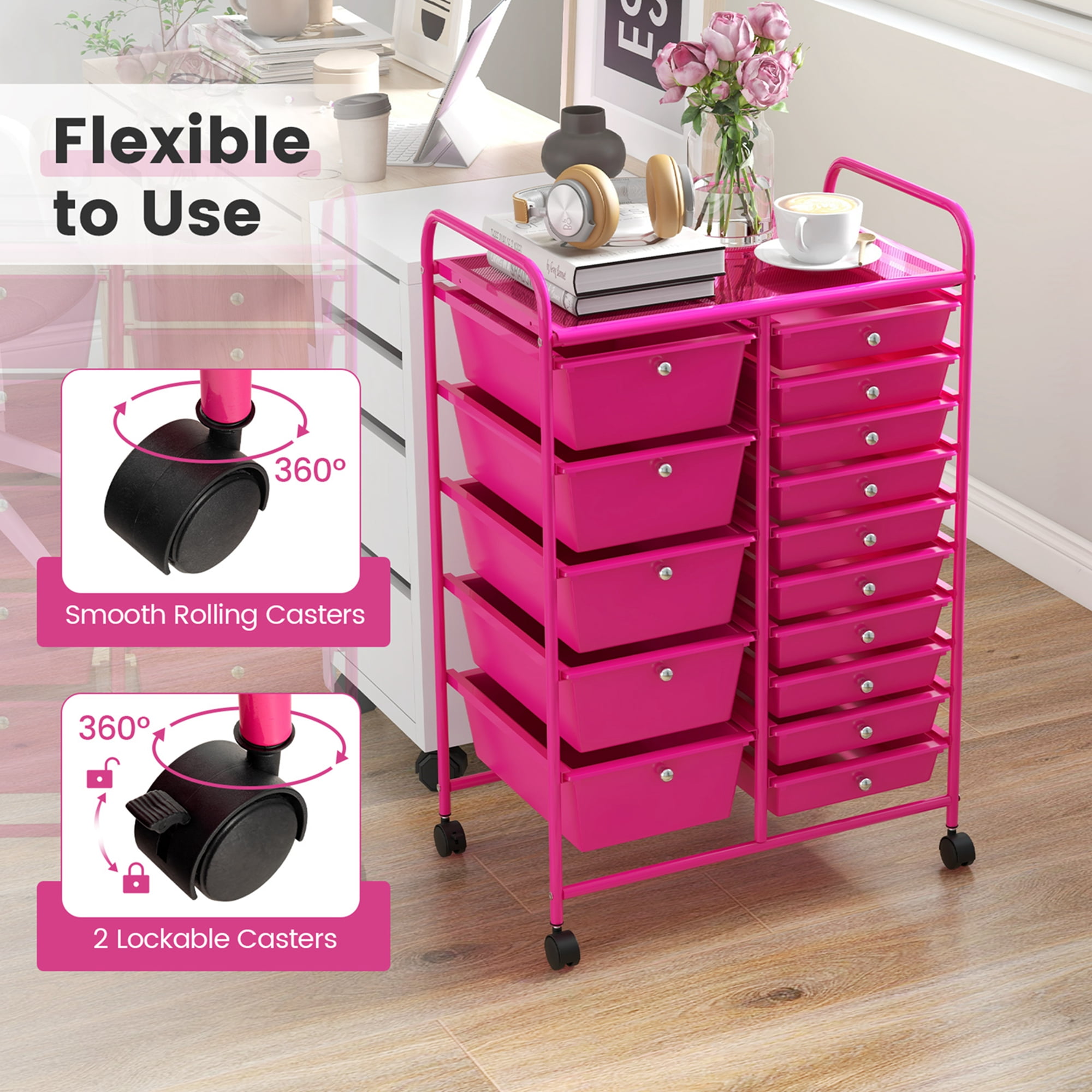 Costway 15-Drawer Rolling Storage Cart Mobile Cart with Colorful Drawers & Metal Frame Hot Pink