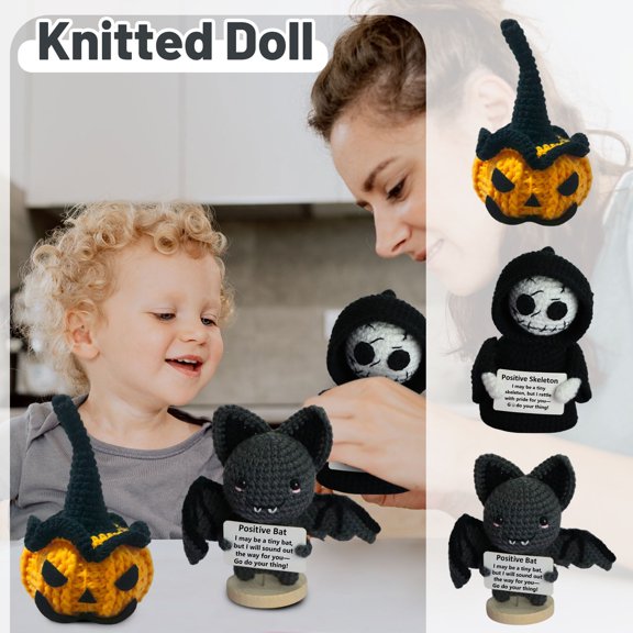 Fall Decor Halloween Decorations Skeleton Bat Pumpkin Figure, Halloween Decor Knitted Hollow Doll Ornament for Party Display, Spooky Seasonal Decoration for Tabletop Display,Halloween Theme Decor