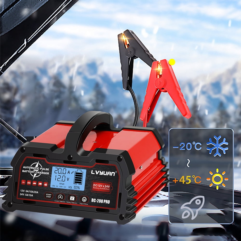LVYUAN 20A 12V/24V Automotive Battery Charger Float & Trickle Battery Charger Maintainer Desulfator for Car, Truck, Motorcycle, lawn mower, LiFePO4 & Lead-Acid Batteries