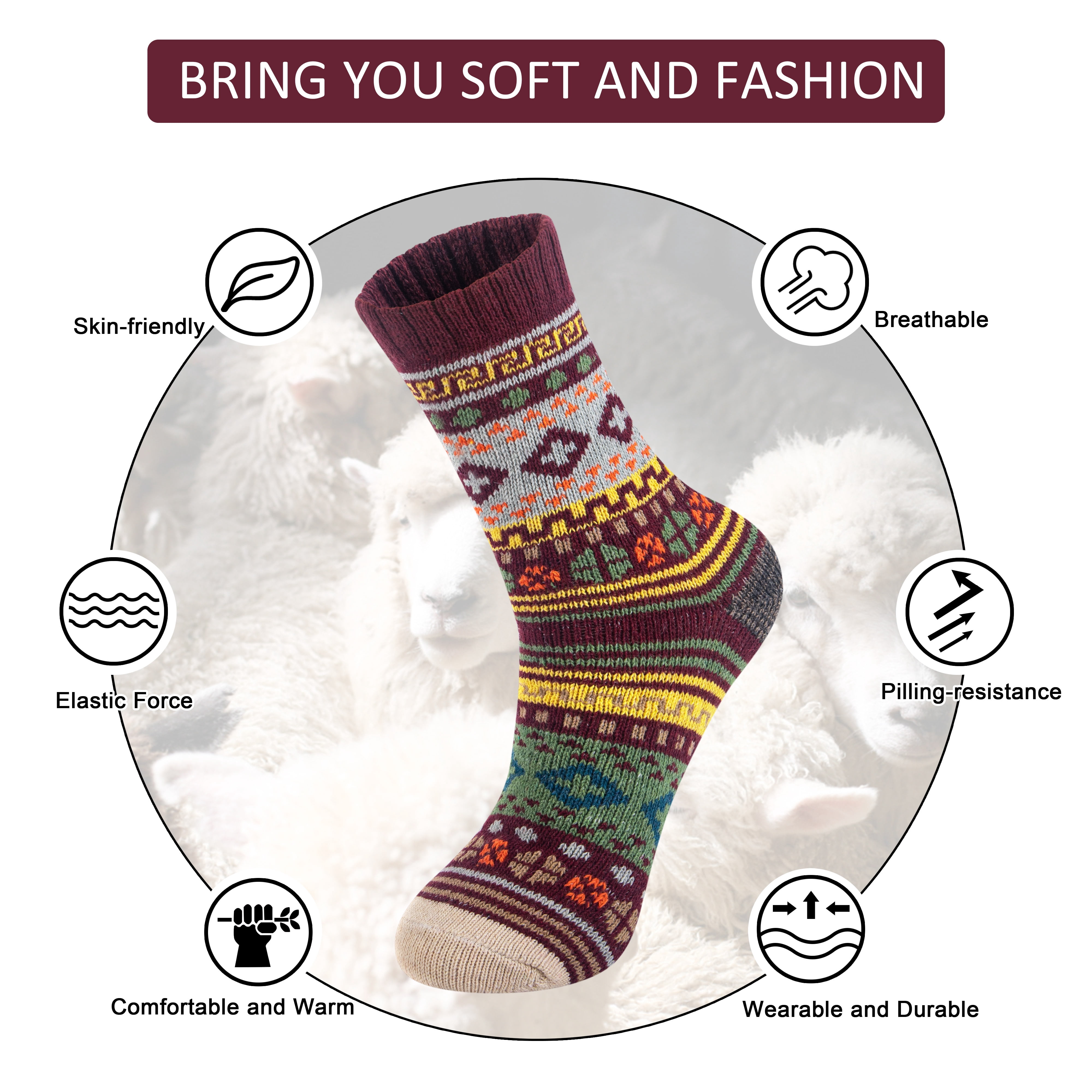 6 Pairs Pack Womens Wool Socks Thermal Hiking Winter Boot Warm Thick Cozy Crew Comfy Socks Size 5-9