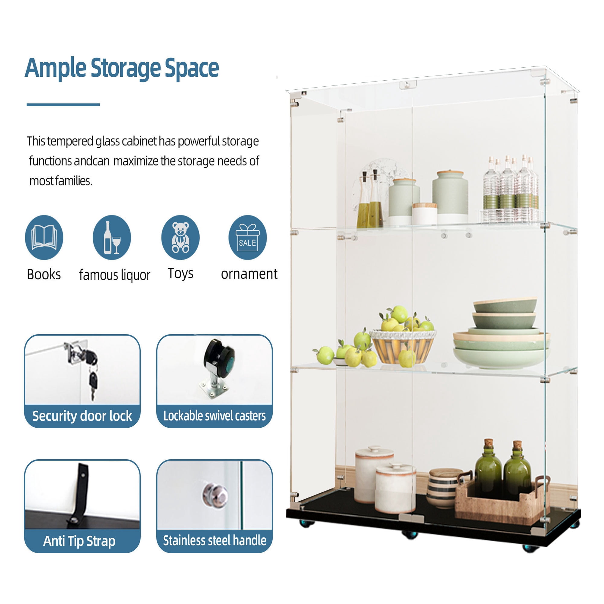 MAYEERTY 3 Tiers Glass Display Cabinet with Bluetooth LED Light Strip, Curio Storage Cabinet with 2 Door Wheels and Lock, Tempered Glass Top, Black